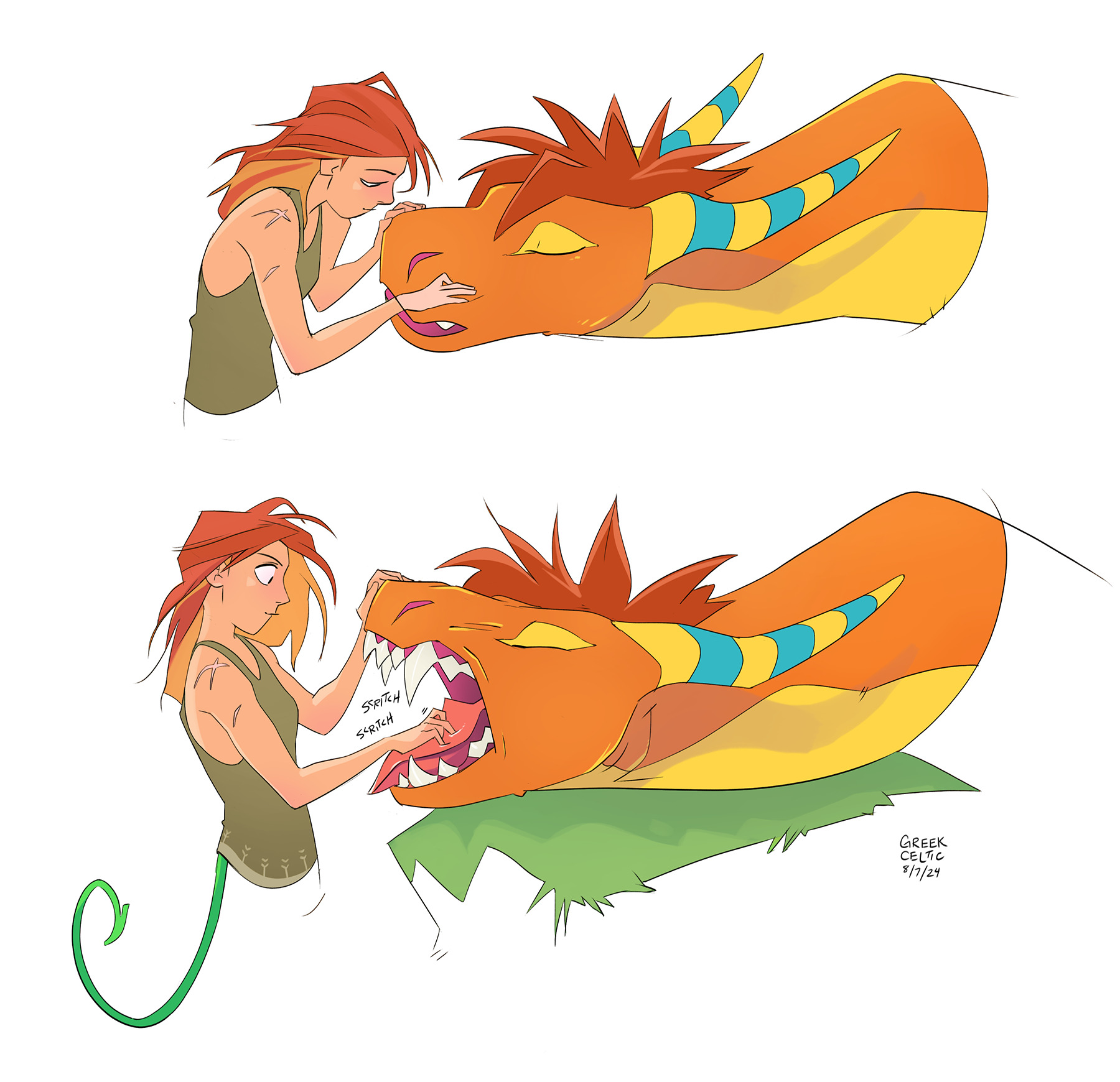 highres, 1boy, 1girl, breasts, dated, dragon, greekceltic, green tank top, herman (greekceltic), jacky (greekceltic), medium hair, open mouth, orange hair, scar, scar on arm, signature, simple background, tail, tank top