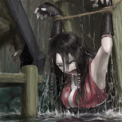 bearclaw, acquire, shinobido, lowres, 1girl, bdsm, black hair, bondage, bound, closed eyes, elbow gloves, fishnets, game over, gloves, long hair, ninja, open mouth, peril, prisoner, screaming, tears, torture, water, water wheel, wet