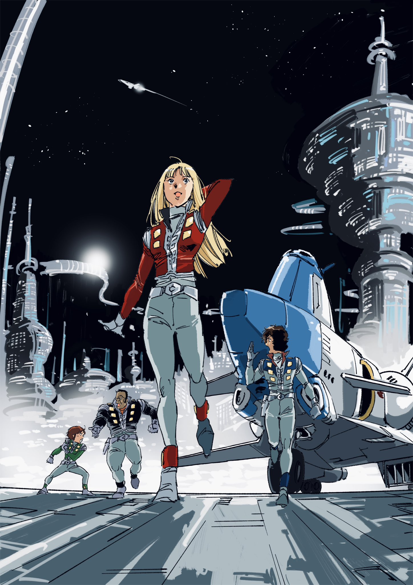zigharii, alfin, joe (crusher joe), ricky (crusher joe), talos (crusher joe), crusher joe, 1980s (style), highres, 1girl, 3boys, belt, black hair, blonde hair, brown hair, full body, gloves, jacket, long hair, multiple boys, oldschool, open mouth, retro artstyle, scar, science fiction, smile, spacecraft, star (sky), vest