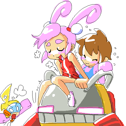 minuspal, anna hottenmeyer, dori kururi, jill (drill dozer), susumu hori, drill dozer, mr. driller, namco, nintendo, screw breaker, lowres, 1boy, 2girls, blush, clothed sex, hetero, loli, multiple girls, sex, shota, simple background, trait connection, tree, white background