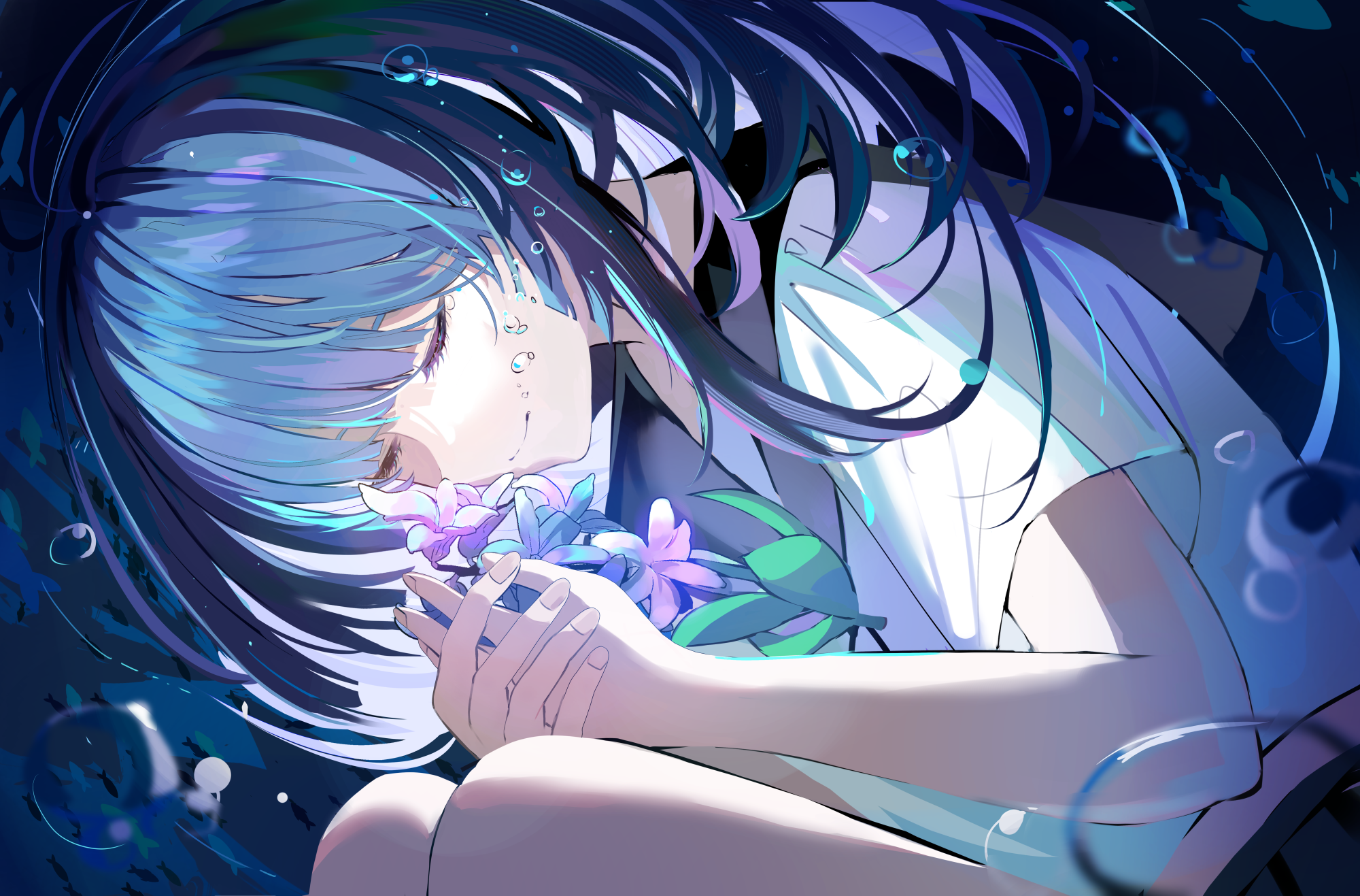 aroa (aroamoyasi), original, commentary, highres, 1girl, black sailor collar, black skirt, blue flower, blue hair, bubble, closed eyes, cowboy shot, fish, flower, knees up, long hair, purple flower, ripples, sailor collar, shirt, short sleeves, sidelocks, skirt, smile, solo, underwater, white shirt