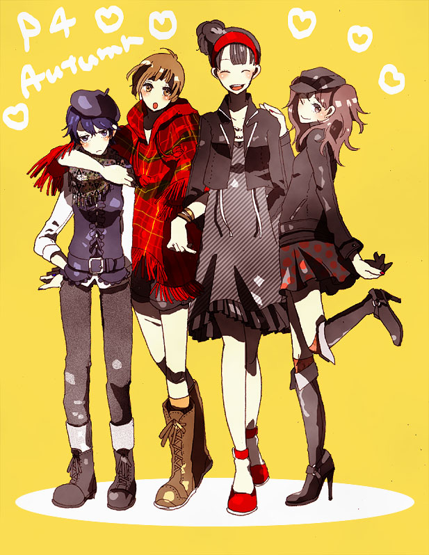 amagi yukiko, kujikawa rise, satonaka chie, shirogane naoto, atlus, persona, persona 4, 4girls, androgynous, beret, black hair, blue eyes, blue hair, boots, brown eyes, brown hair, casual, contemporary, dress, fashion, hairband, hat, high heels, jacket, jewelry, knee boots, multiple girls, necklace, parka, red hair, scarf, shoes, short hair, skirt, smile, twintails, wink