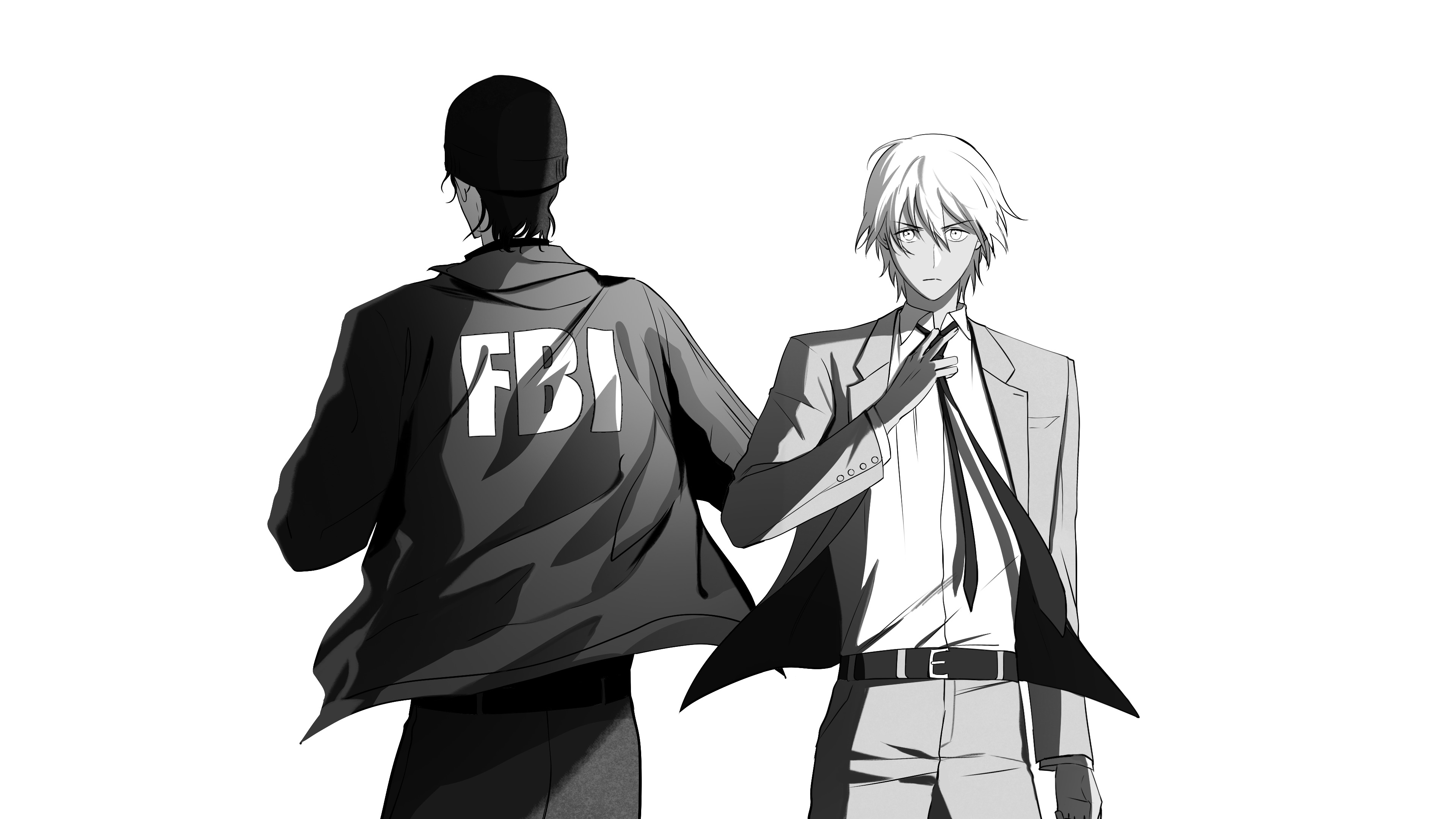 kotomine (a1569), akai shuuichi, amuro tooru, meitantei conan, absurdres, commentary request, highres, 2boys, arm at side, beanie, belt, closed mouth, collared shirt, fbi jacket, greyscale, hair between eyes, hat, jacket, long sleeves, looking at viewer, male focus, monochrome, multiple boys, necktie, shirt, short hair, simple background