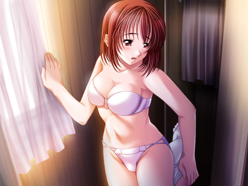 maki yahiro, yuzuki yuki, guilty (company), seido maria, game cg, non-web source, 1girl, bra, brown eyes, brown hair, female focus, lingerie, panties, short hair, solo, underwear, underwear only, undressing