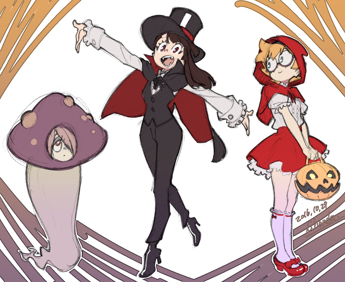 handa shuuhei, kagari atsuko, little red riding hood (fairy tale character), lotte jansson, sucy manbavaran, little witch academia, 3girls, brown hair, dated, dress, full body, halloween, hat, jack-o'-lantern, long hair, looking at viewer, multiple girls, open mouth, skirt, smile