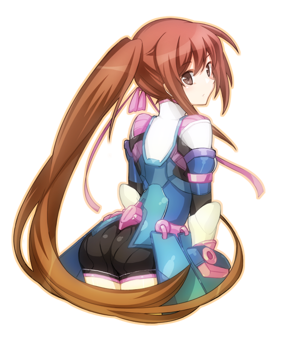 agi, mimura aki, saionji reimi, star ocean, star ocean: the last hope, 1girl, ass, brown eyes, brown hair, female focus, from behind, gloves, long hair, looking back, ponytail, ribbon, shorts, solo