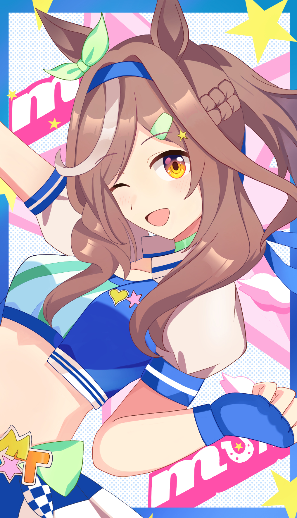 yo-ha, matikanetannhauser (blue turbulence) (umamusume), matikanetannhauser (umamusume), umamusume, commentary request, highres, 1girl, alternate hairstyle, animal ears, blush, breasts, brown eyes, brown hair, cheerleader, collarbone, fingerless gloves, genkai made pom pon!!, gloves, hairband, horse ears, horse girl, looking at viewer, medium breasts, medium hair, navel, official alternate costume, ribbon