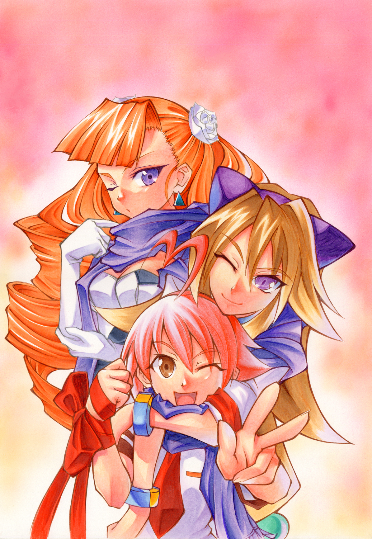 calnarsa, aino heart, inuwaka akane, petra johanna lagerkvist, aq interactive, arcana heart, arcana heart 2, atlus, examu, highres, 3girls, ahoge, animal ears, blue eyes, bow, bracelet, breasts, brown eyes, brown hair, cleavage, clenched hand, dress, drill hair, earrings, elbow gloves, flower, gloves, hair flower, hair ornament, hug, hug from behind, jewelry, long hair, medium breasts, misono gakuen school uniform, multicolored hair, multiple girls, necktie, one eye closed, orange hair, pink hair, purple eyes, ribbon, rose, scarf, school uniform, short hair, smile, twin drills, twintails, two-tone hair, v, very long hair, white hair, wink