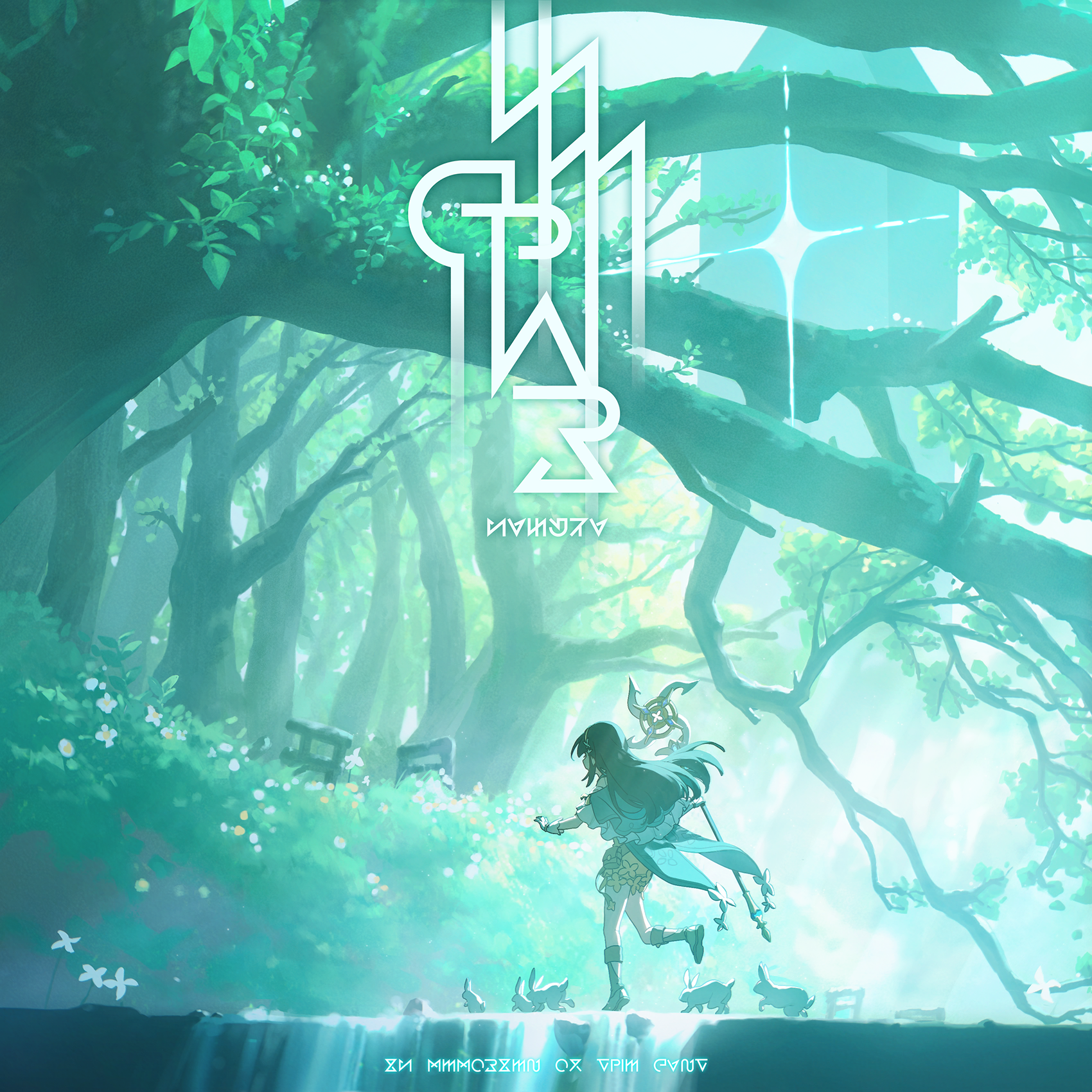 stella sora, character request, game cg, highres, non-web source, official art, 1girl, album cover, black hair, cover, forest, holding, holding staff, long hair, monolith (object), nature, outdoors, rabbit, shorts, sidelocks, solo, staff, too many, too many rabbits, wide shot, yellow shorts