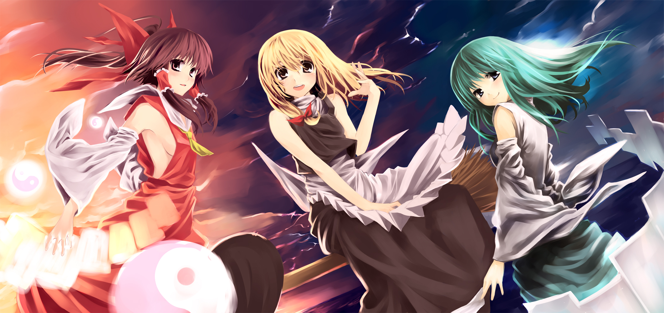 pino (birthdayparty), pino (pixiv), hakurei reimu, kirisame marisa, kochiya sanae, touhou, highres, 3girls, bare shoulders, blonde hair, breasts, detached sleeves, female focus, japanese clothes, medium breasts, miko, multiple girls, no bra, ofuda, shirt, sideboob, sidesaddle, sleeveless, sleeveless shirt, yin yang