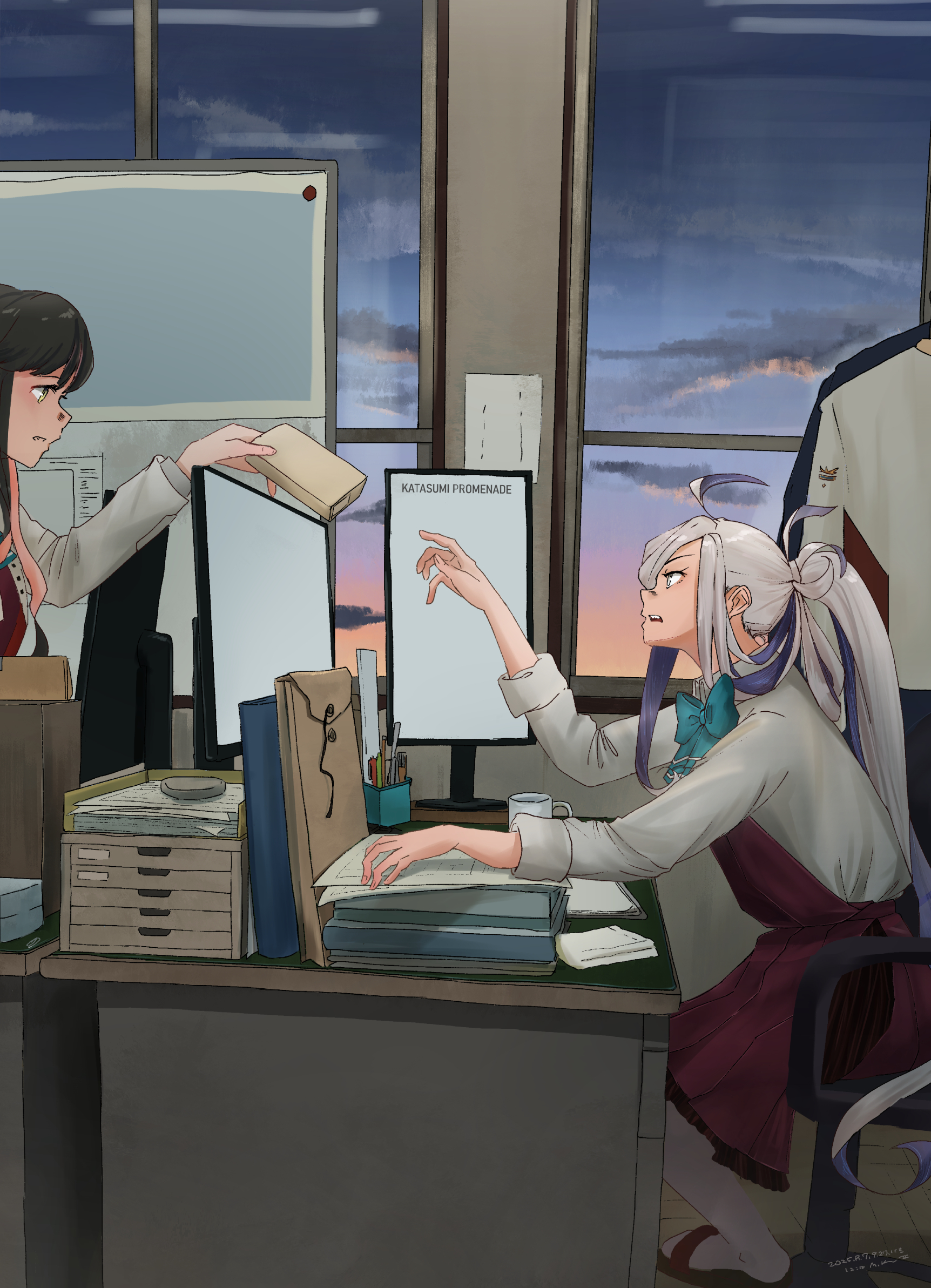 kuragare, asashimo (kancolle), kazagumo (kancolle), naganami (kancolle), kantai collection, highres, 2girls, ahoge, black hair, cabinet, chair, coffee mug, computer, cup, desk, file cabinet, grey hair, hair over one eye, indoors, long hair, monitor, mug, multicolored hair, multiple girls, office, office chair, pink hair, ponytail, ruler, school uniform, sunset, swivel chair, two-tone hair, wavy hair