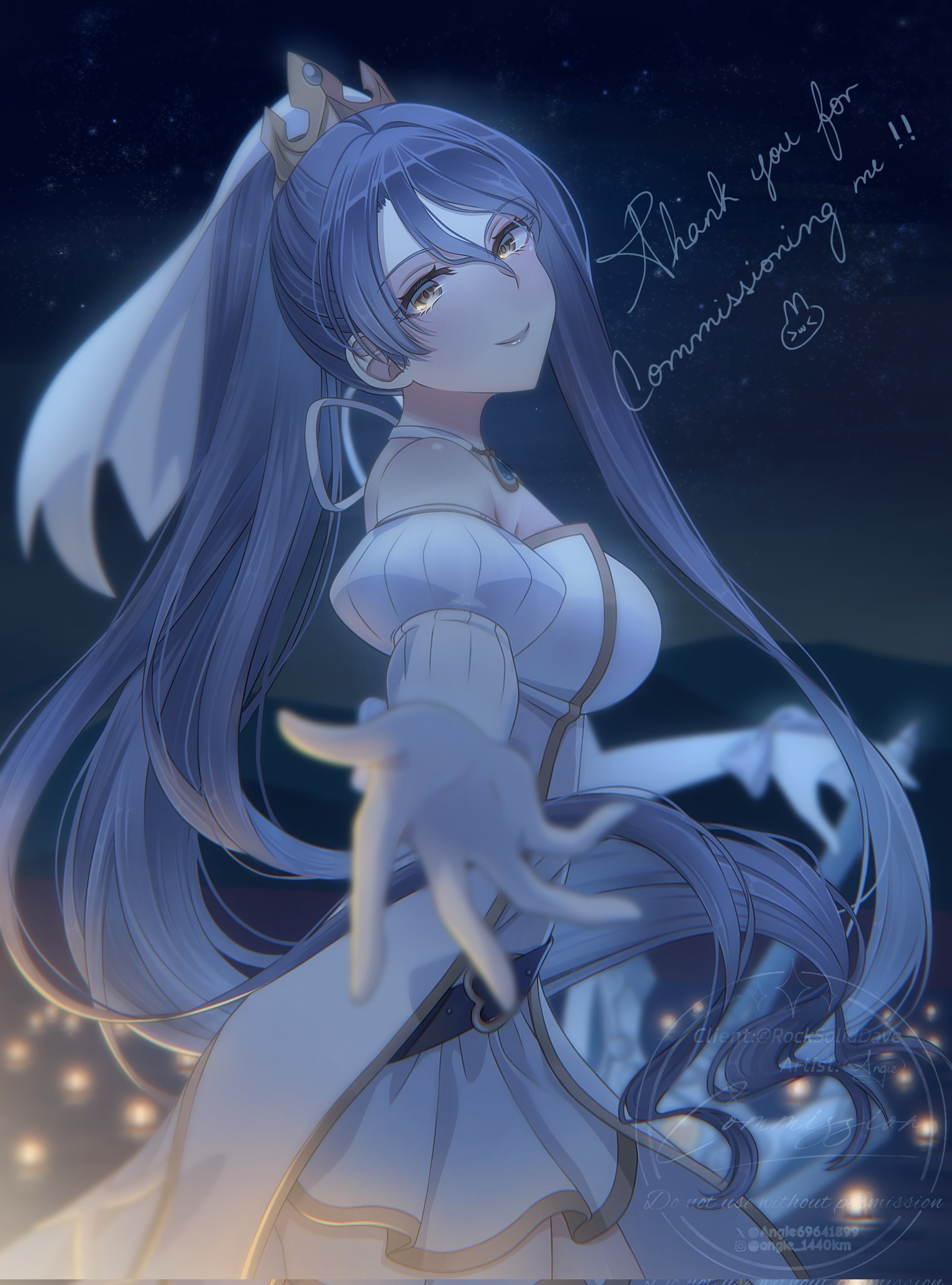 angie03, laura s. arseid, eiyuu densetsu, sen no kiseki (series), commentary, commission, english commentary, highres, vgen commission, 1girl, bare shoulders, blue hair, breasts, bridal veil, bride, closed mouth, crown, detached sleeves, double-parted bangs, dress, earrings, elbow gloves, english text, from side, gloves, hair between eyes, instagram username, jewelry, large breasts, long hair, long single sidelock, long sleeves, looking at viewer, night, night sky, outdoors, ponytail, puffy long sleeves, puffy sleeves, single sidelock, sky, solo, twitter username, upper body, veil, very long hair, watermark, wedding dress, white dress, yellow eyes