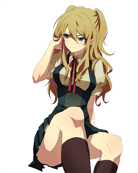 ane am, bad id, bad pixiv id, blonde hair, green eyes, kneehighs, school uniform, socks, solo, twintails