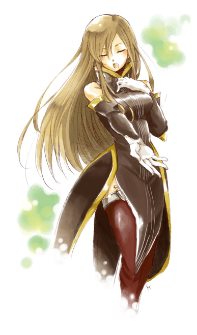 tear grants, tales of (series), tales of the abyss, 00s, brown hair, gloves, long hair, music, singing, solo, tabard, thighhighs