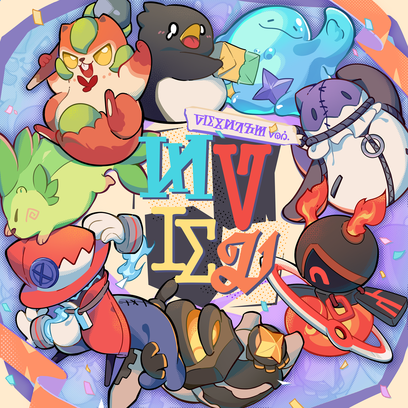 stella sora, game cg, highres, non-web source, official art, album cover, bird, blue fire, box, cover, fire, holding, holding box, looking at viewer, no humans, one-eyed, package, penguin, red fire, slime (creature), squirrel, v-shaped eyes