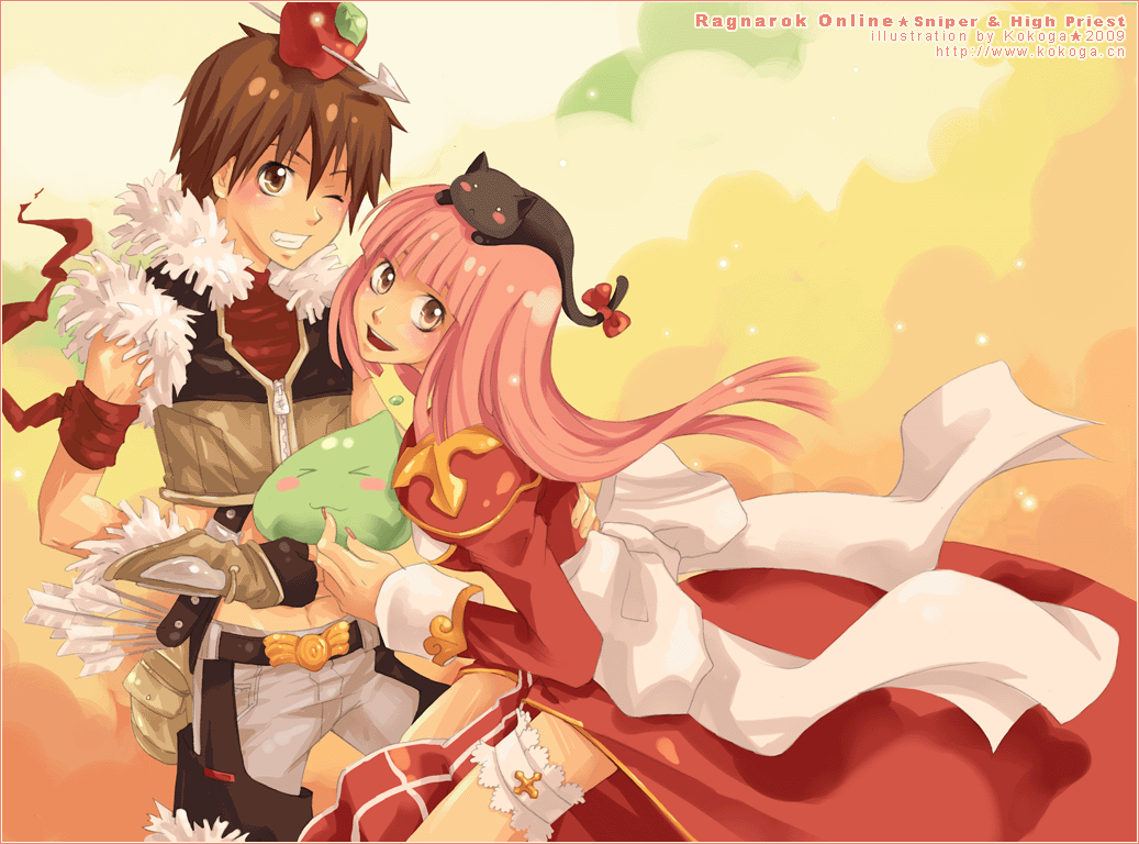 high priest (ragnarok online), poporing, sniper (ragnarok online), ragnarok online, 1boy, 1girl, 2009, :3, animal, animal on head, apple, apple on head, arrow through apple, artist name, back bow, black cat, black gloves, black shirt, blunt bangs, blush, bow, brown eyes, brown gloves, brown hair, brown shirt, cat, cat on head, character name, copyright name, cowboy shot, crop top, dress, fingerless gloves, food, frilled thigh strap, fruit, fur-trimmed gloves, fur-trimmed shirt, fur trim, gloves, grin, juliet sleeves, kokoga, long hair, long sleeves, looking at viewer, midriff, on head, one eye closed, open mouth, pink hair, puffy sleeves, red dress, shirt, short hair, sleeveless, sleeveless shirt, slime (creature), smile, thigh strap, two-tone gloves, two-tone shirt, watermark, web address, white bow, yellow background