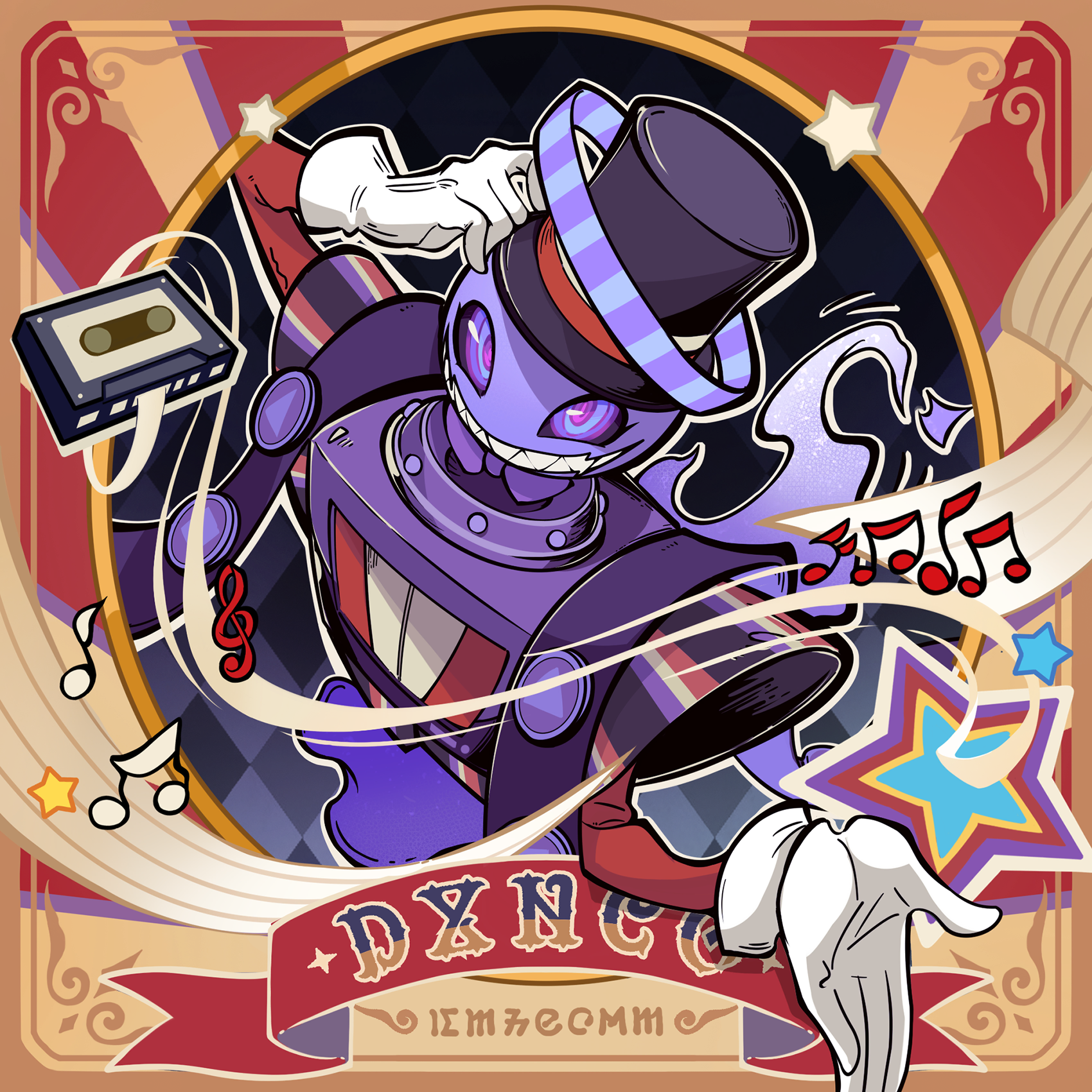 stella sora, character request, game cg, highres, non-web source, official art, 1other, album cover, beamed eighth notes, black hat, cassette tape, cover, eighth note, ghost, gloves, grin, hat, hat tip, musical note, purple eyes, sharp teeth, sixteenth note, smile, solo, star (symbol), teeth, top hat, treble clef, white gloves
