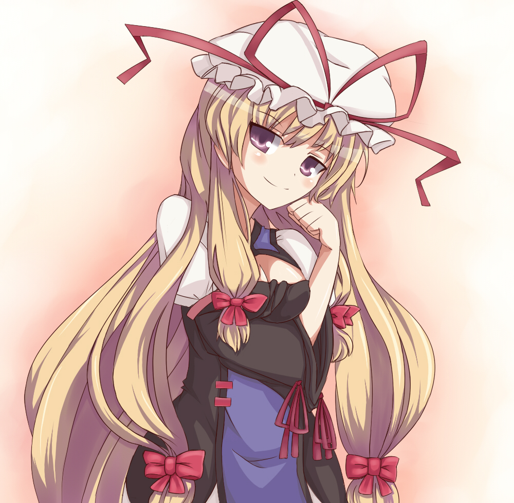 cro, yakumo yukari, touhou, 1girl, blonde hair, breasts, dress, female focus, gradient background, hat, long hair, mob cap, ribbon, solo, white background