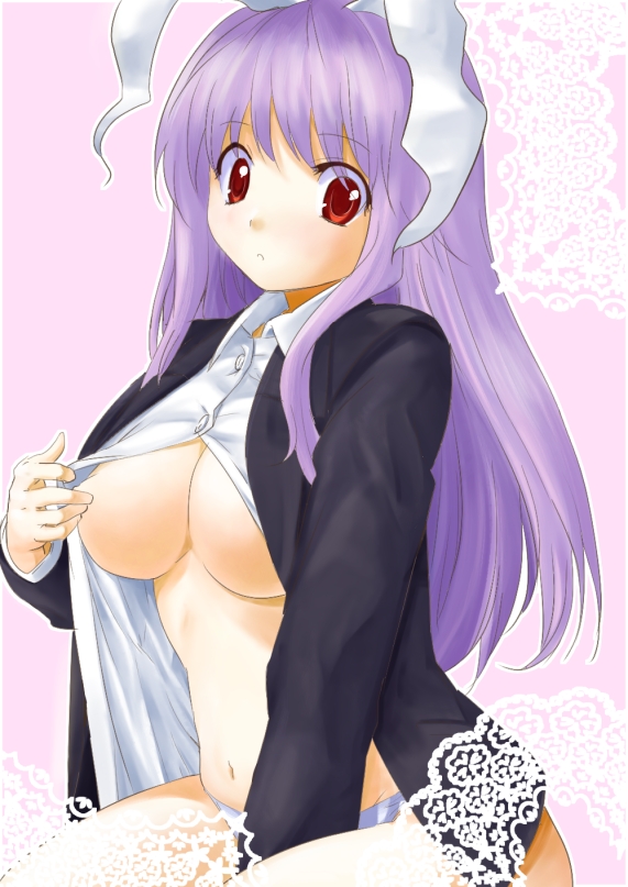 advenchara, reisen udongein inaba, touhou, commentary request, 1girl, animal ears, black jacket, blazer, breasts, closed mouth, cowboy shot, expressionless, grey panties, jacket, large breasts, long hair, long sleeves, looking at viewer, nipples, no bra, no pants, open clothes, open shirt, panties, pink background, purple hair, rabbit ears, rabbit girl, red eyes, shirt, sidelocks, sitting, solo, underboob, underwear, white shirt