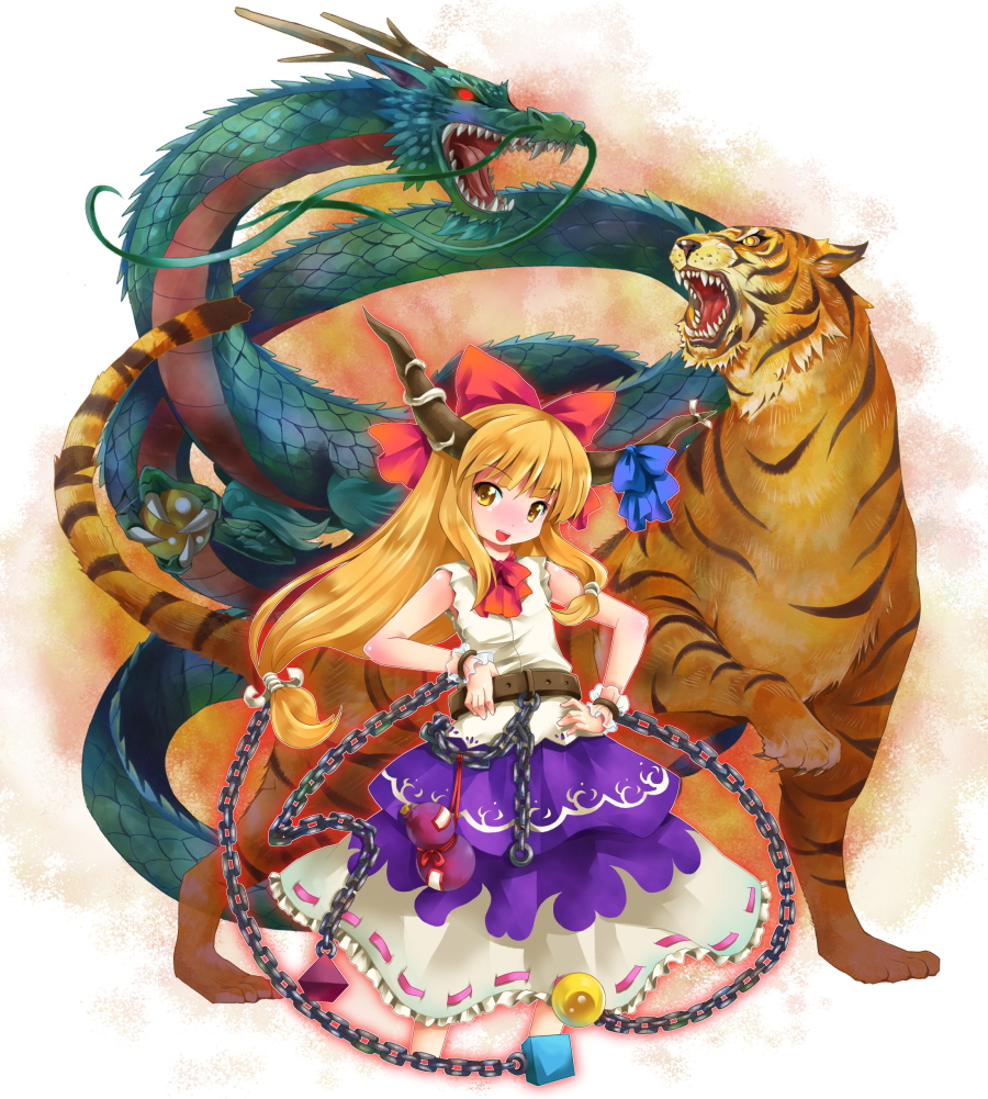 michii yuuki, ibuki suika, touhou, bad id, bad pixiv id, 1girl, chain, dragon, eastern dragon, female focus, hair ribbon, horns, oni, orange hair, ribbon, solo, tiger, yellow eyes