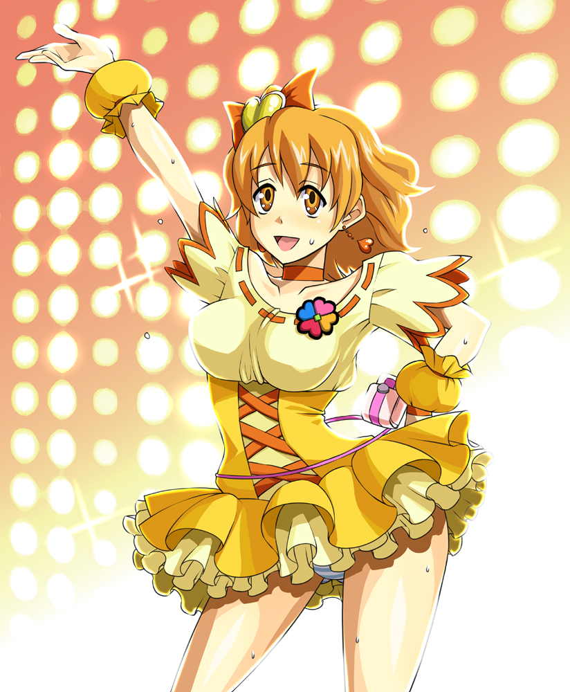 enoshima iki, cure pine, yamabuki inori, fresh precure!, precure, 00s, 1girl, bow, choker, earrings, female focus, hair bow, hair ornament, heart, heart hair ornament, jewelry, magical girl, panties, pantyshot, ribbon, skirt, solo, striped clothes, striped panties, sweat, underwear, wrist cuffs, yellow eyes