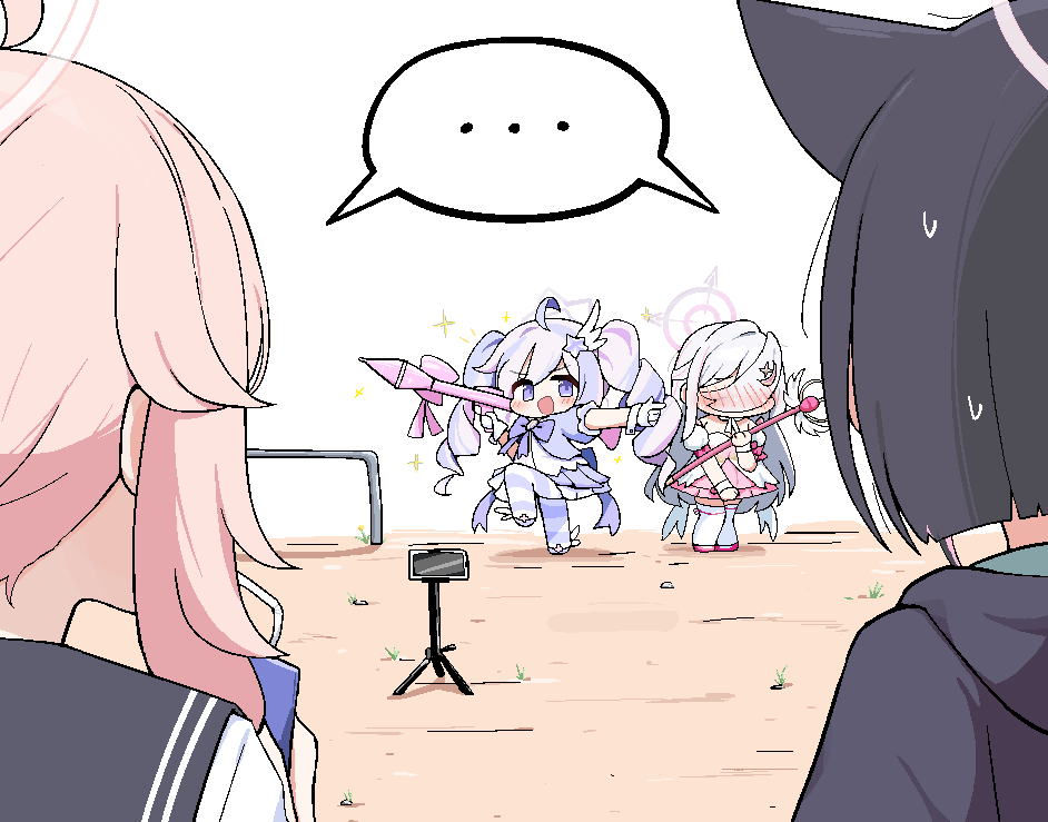 tagyeokgam, kazusa (blue archive), natsu (blue archive), reisa (blue archive), reisa (magical) (blue archive), suzumi (blue archive), suzumi (magical) (blue archive), blue archive, …, 4girls, ahoge, animal ears, black hair, blush, cat ears, dress, halo, holding, holding rocket launcher, holding wand, holding weapon, long hair, multiple girls, open mouth, pink hair, pink halo, purple eyes, purple hair, rocket launcher, short hair, short sleeves, smile, spoken ellipsis, standing, standing on one leg, striped clothes, striped thighhighs, thighhighs, wand, weapon, white hair