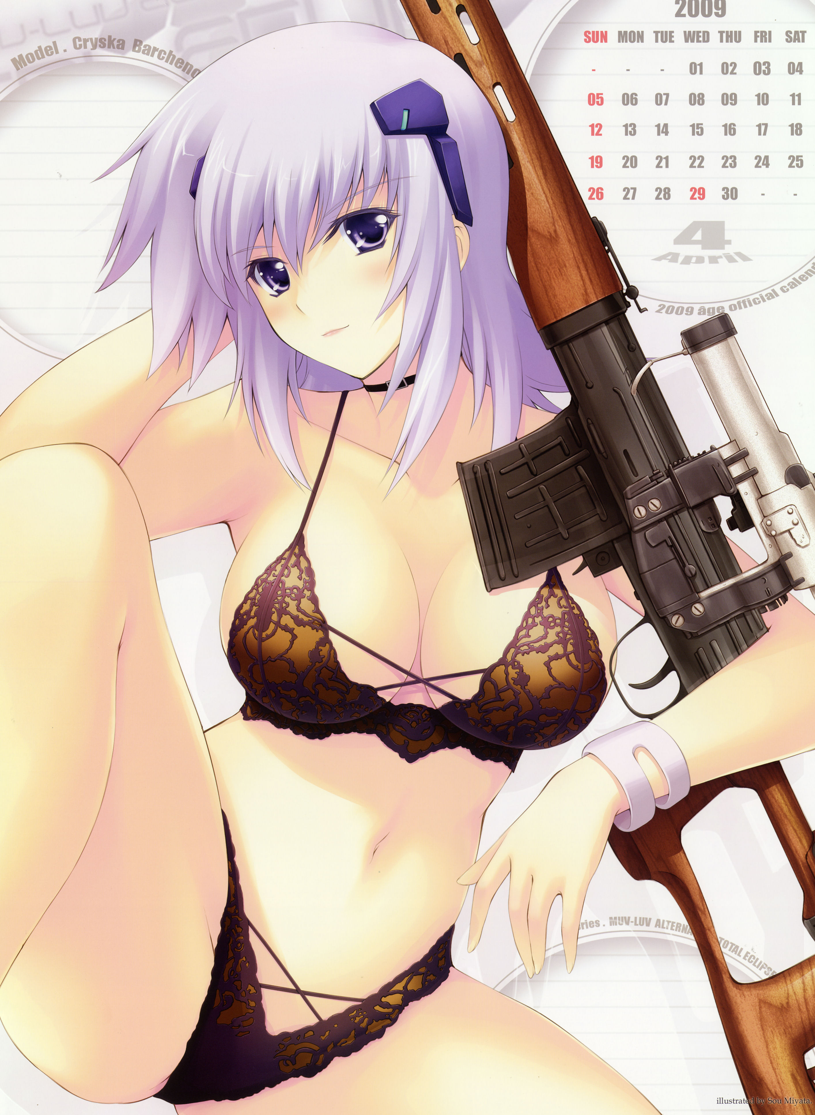 miyata sou, svd, cryska barchenowa, muv-luv, muv-luv alternative, muv-luv total eclipse, total eclipse, sniper, absurdres, highres, non-web source, official art, 00s, 1girl, 2009, bra, breasts, calendar, dragunov svd, female focus, gun, large breasts, lingerie, open m/, panties, purple eyes, purple hair, rifle, scope, sniper rifle, solo, thumbhole stock, underwear, underwear only, weapon