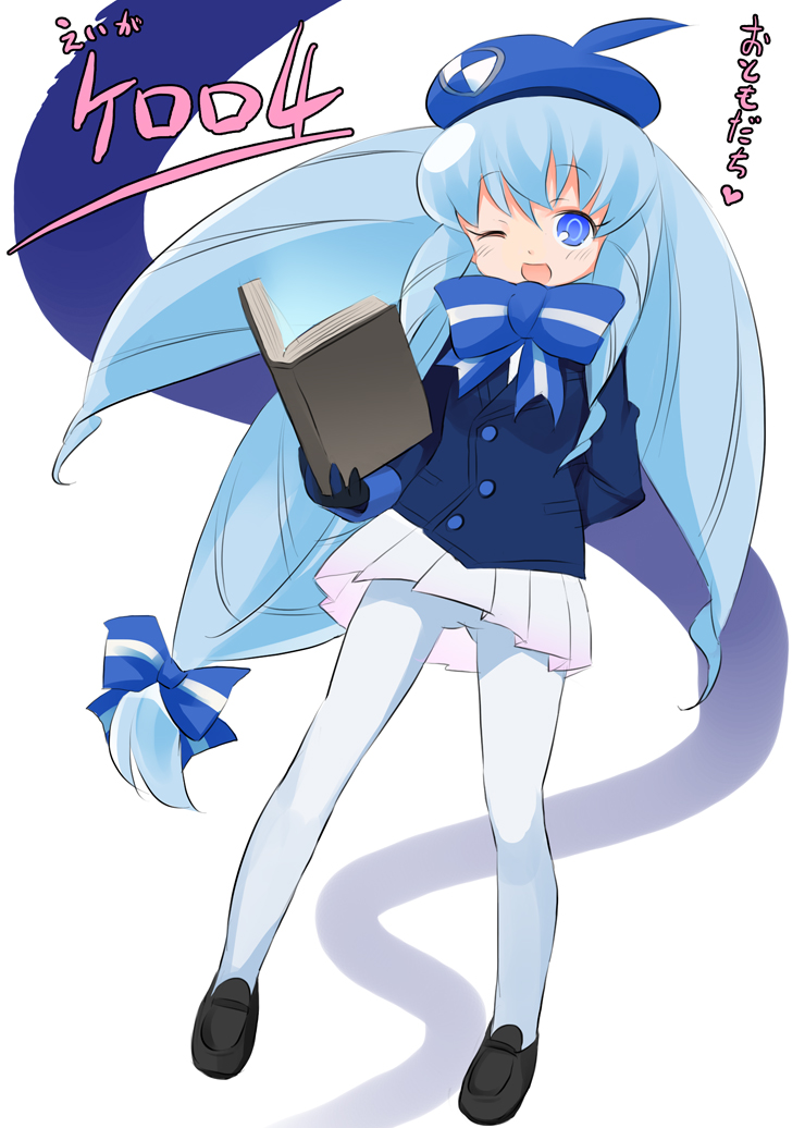 kishiri toworu, miyao ryuu, shion (keroro gunsou), keroro gunsou, 1girl, blue eyes, blue hair, book, female focus, gloves, hat, long hair, matching hair/eyes, one eye closed, open book, pantyhose, ribbon, solo, white pantyhose, wink
