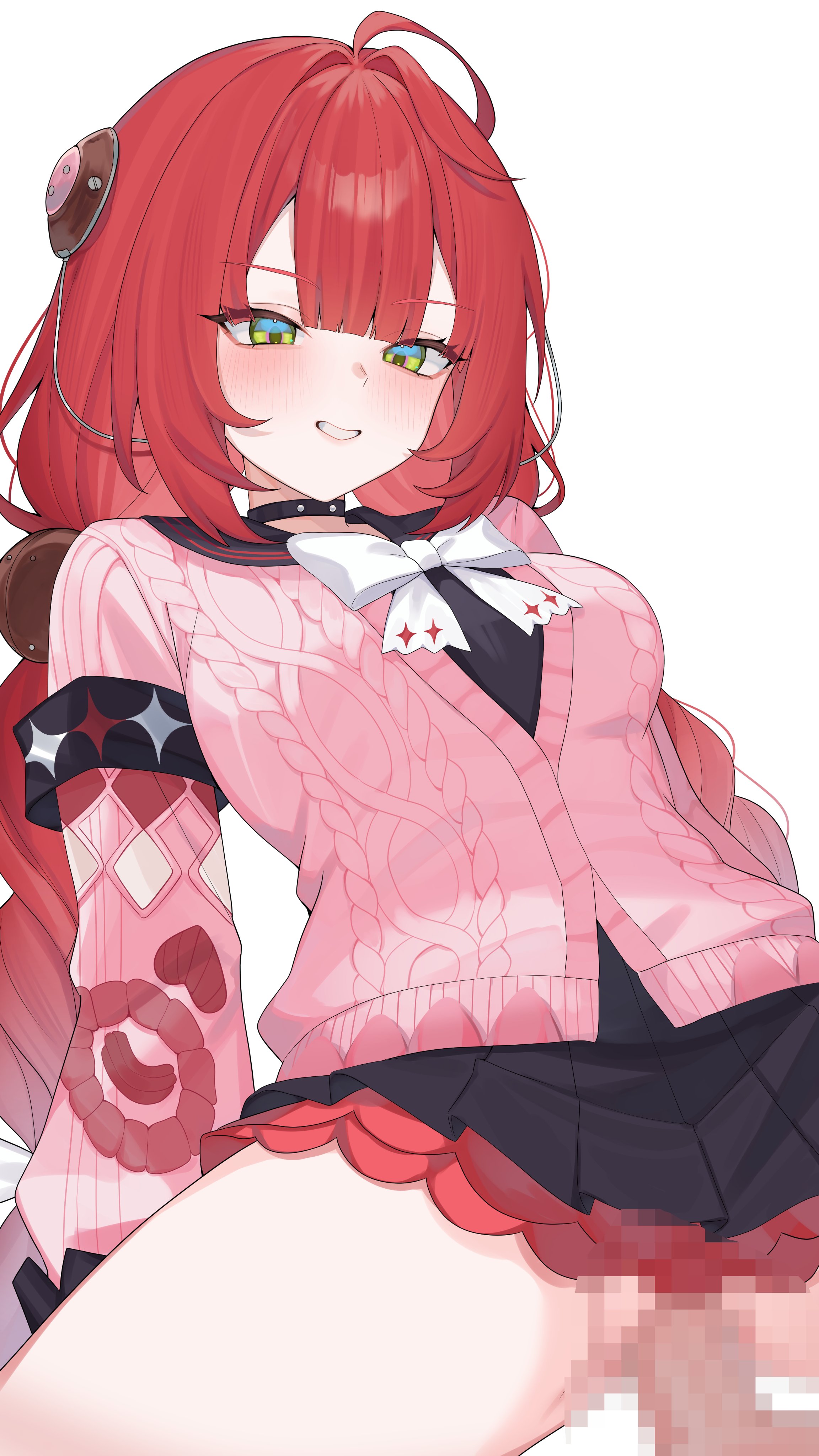 mugripley, ukinami yuzuha, zenless zone zero, absurdres, hashtag-only commentary, highres, 1boy, 1girl, ahoge, armband, black choker, black sailor collar, black shirt, black skirt, bow, bowtie, braid, breasts, cable knit, cardigan, censored, choker, clothed sex, green eyes, grin, hair ornament, hetero, long hair, long sleeves, looking at viewer, medium breasts, miniskirt, mosaic censoring, penis, pink cardigan, pleated skirt, pussy, red hair, sailor collar, school uniform, sex, shirt, simple background, skirt, smile, solo focus, thighs, twin braids, twintails, undershirt, vaginal, very long hair, white background