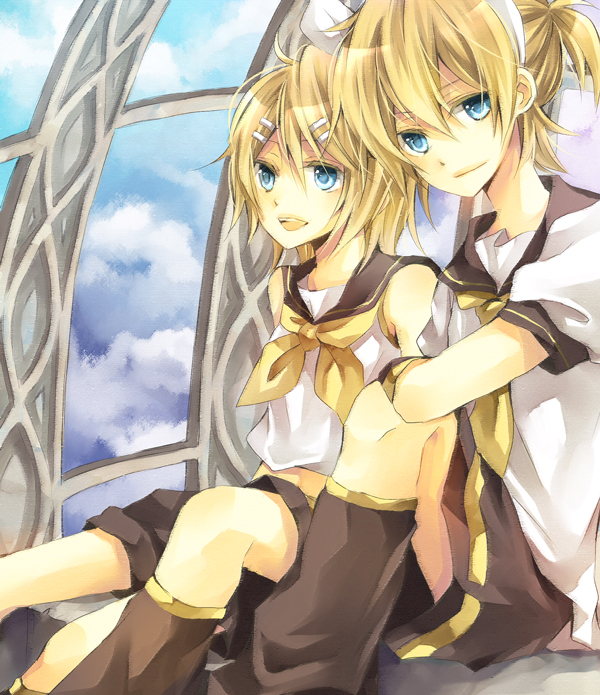 karu, yuzuki karu, kagamine len, kagamine rin, vocaloid, bad id, bad pixiv id, 1boy, 1girl, brother and sister, cloud, day, siblings, sitting, twins