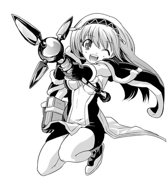 advenchara, high wizard (ragnarok online), ragnarok online, commentary request, 1girl, 2000s (style), :d, boots, breasts, cape, dress, full body, fur-trimmed cape, fur-trimmed gloves, fur trim, gloves, greyscale, hairband, holding, holding staff, jumping, long hair, looking at viewer, medium breasts, monochrome, one eye closed, open mouth, short dress, simple background, smile, solo, staff, strapless, strapless dress, two-tone dress, white dress