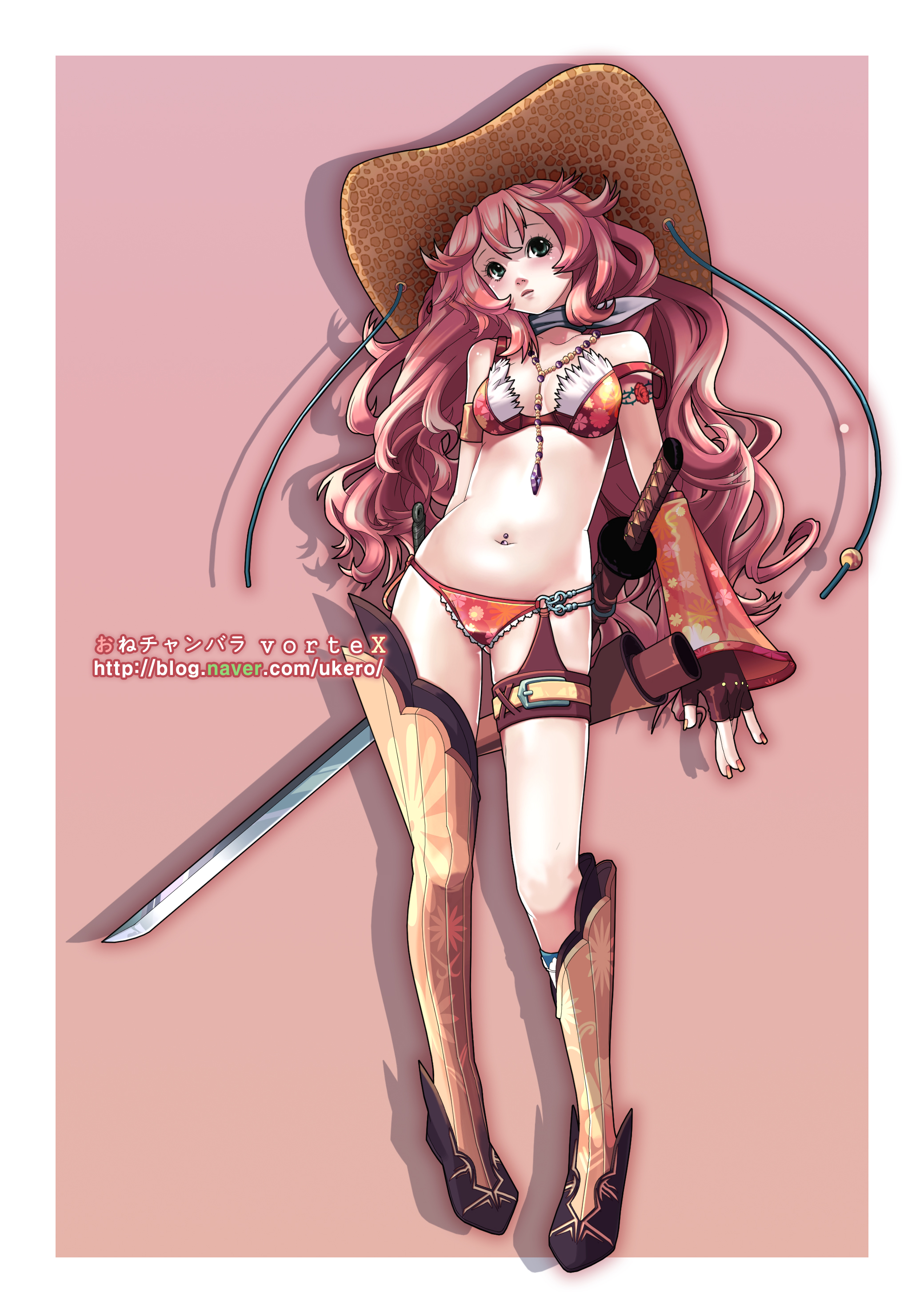 ukero, aya (oneechanbara), oneechanbara, absurdres, highres, 1girl, bikini, bikini top only, boots, female focus, flower, green eyes, hat, jewelry, katana, legs, lips, long hair, lowleg, nail polish, navel, navel piercing, necklace, piercing, red eyes, rose, single thighhigh, solo, stampede string, swimsuit, sword, thigh strap, thighhighs, weapon