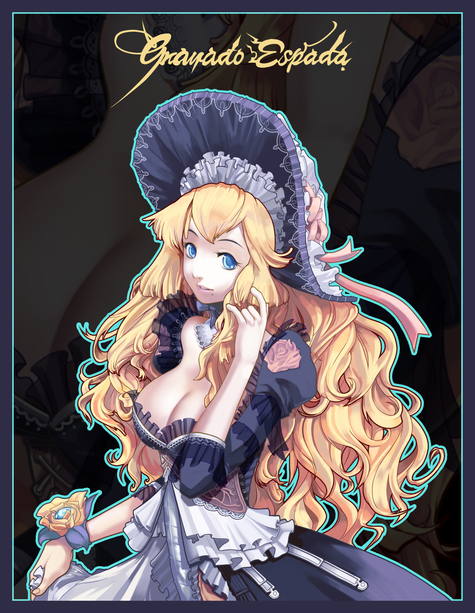 ukero, warlock (granado espada), granado espada, absurdres, highres, 1girl, blonde hair, blue eyes, breasts, cleavage, dress, female focus, hat, large breasts, long hair, mole, solo