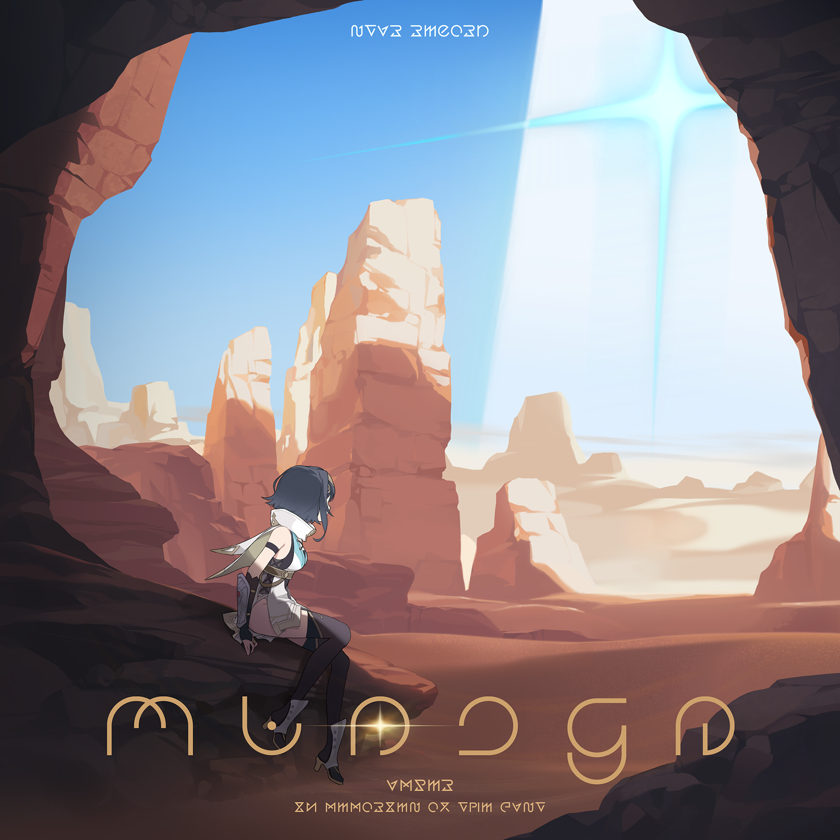 amber (stella sora), stella sora, game cg, highres, non-web source, official art, 1girl, album cover, bare shoulders, black boots, black hair, black leotard, black thighhighs, blue dress, blue sky, boots, cover, day, desert, dress, facing away, leotard, looking at object, medium hair, monolith (object), outdoors, sideless dress, sitting, sky, solo, thighhighs, wide shot