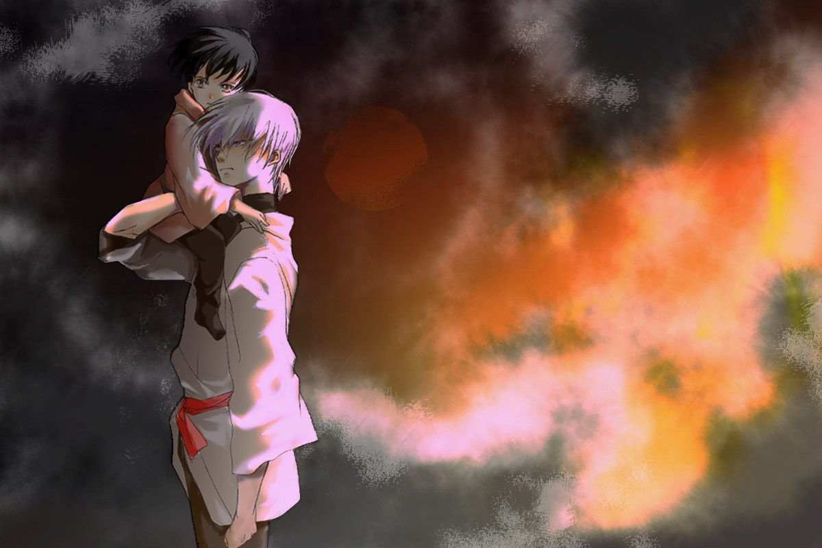 aki (sakami), nanaya kiri, nanaya shiki, tohno shiki, kagetsu tooya, tsukihime, 00s, 2boys, age difference, aged down, black hair, carrying, child, father and son, japanese clothes, multiple boys, short hair, shoulder carry, turtleneck, white hair