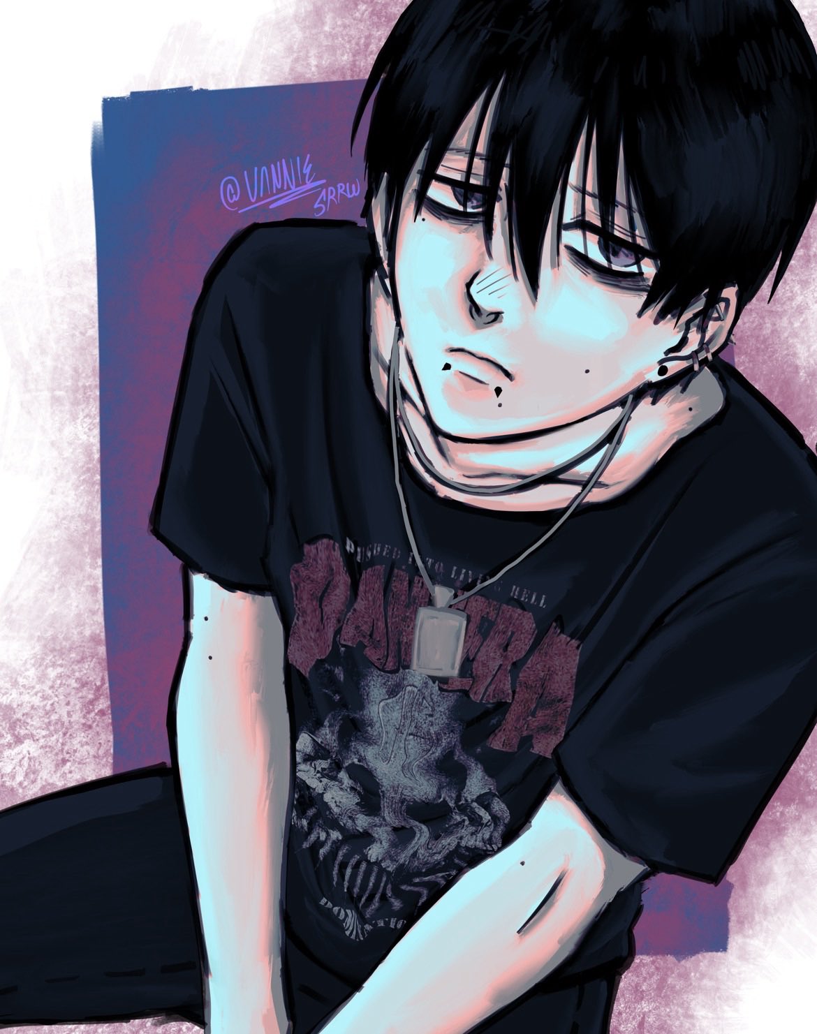 tsujinaka yoshiki, hikaru ga shinda natsu, pantera (band), highres, 1boy, alternate costume, bags under eyes, black hair, black pants, blush, closed mouth, earrings, face piercing, jewelry, lip piercing, male focus, mole, mole on arm, mole on cheek, mole under eye, mole under mouth, multiple moles, necklace, nose blush, pants, piercing, short hair, solo, twitter username, vannie srrw
