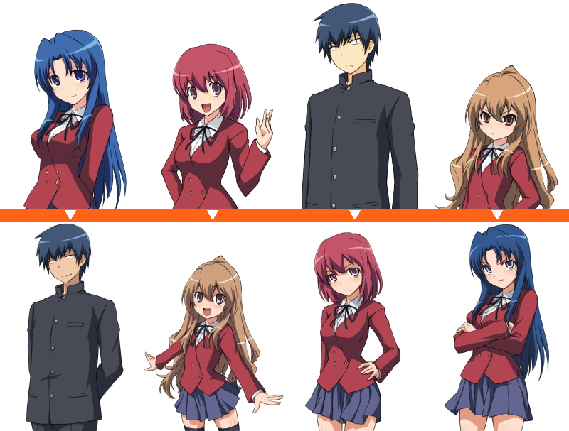 aisaka taiga, kawashima ami, kushieda minori, takasu ryuuji, toradora!, 00s, 1boy, 3girls, blue hair, body switch, brown eyes, brown hair, long hair, multiple girls, personality switch, purple eyes, school uniform, short hair, skirt, thighhighs
