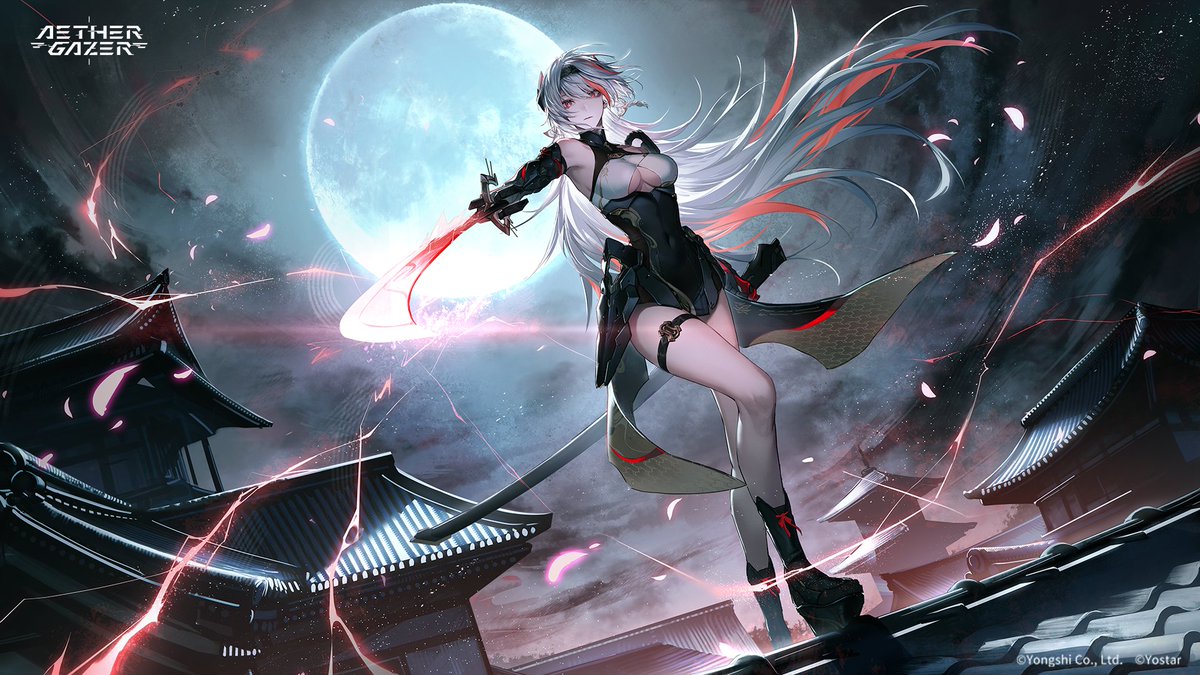 namahamu913, aether gazer, character request, copyright request, official art, second-party source, 1girl, architecture, belt, black belt, black boots, black hairband, black skirt, boots, breasts, closed mouth, copyright notice, covered navel, east asian architecture, full moon, grey hair, hairband, high-waist skirt, holding, holding sword, holding weapon, moon, multicolored hair, night, night sky, red eyes, red hair, skirt, sky, solo, streaked hair, sword, thigh belt, thigh strap, weapon