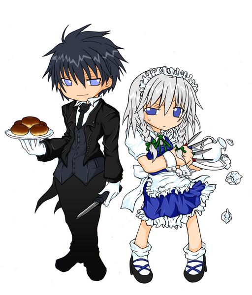izayoi sakuya, nanaya shiki, tohno shiki, melty blood, touhou, tsukihime, 00s, butler, chibi, crossover, knife, maid, throwing knife, weapon
