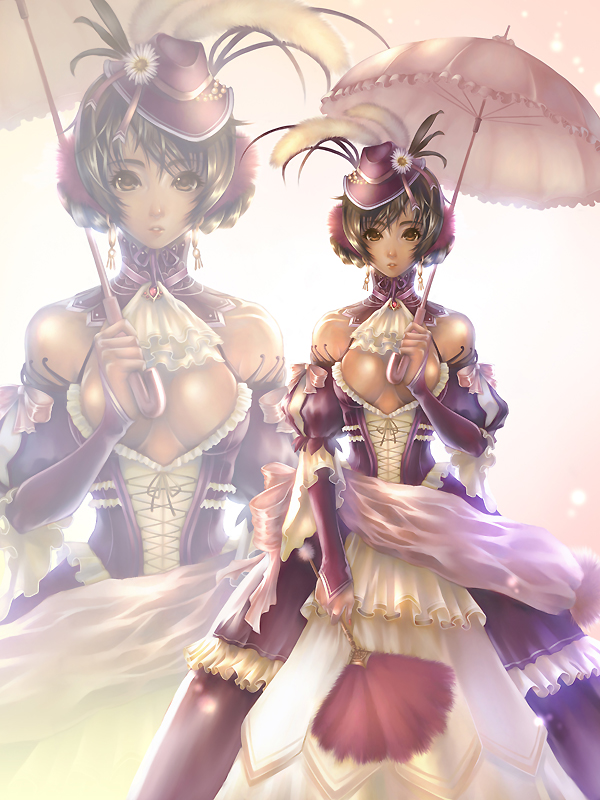 foocon, warlock (granado espada), granado espada, bad id, bad pixiv id, 1girl, bell line gown, breasts, brown eyes, brown hair, cleavage, dress, female focus, frills, gown, hand fan, hat, lace, laces, puffy sleeves, short hair, solo, umbrella, victorian, zoom layer