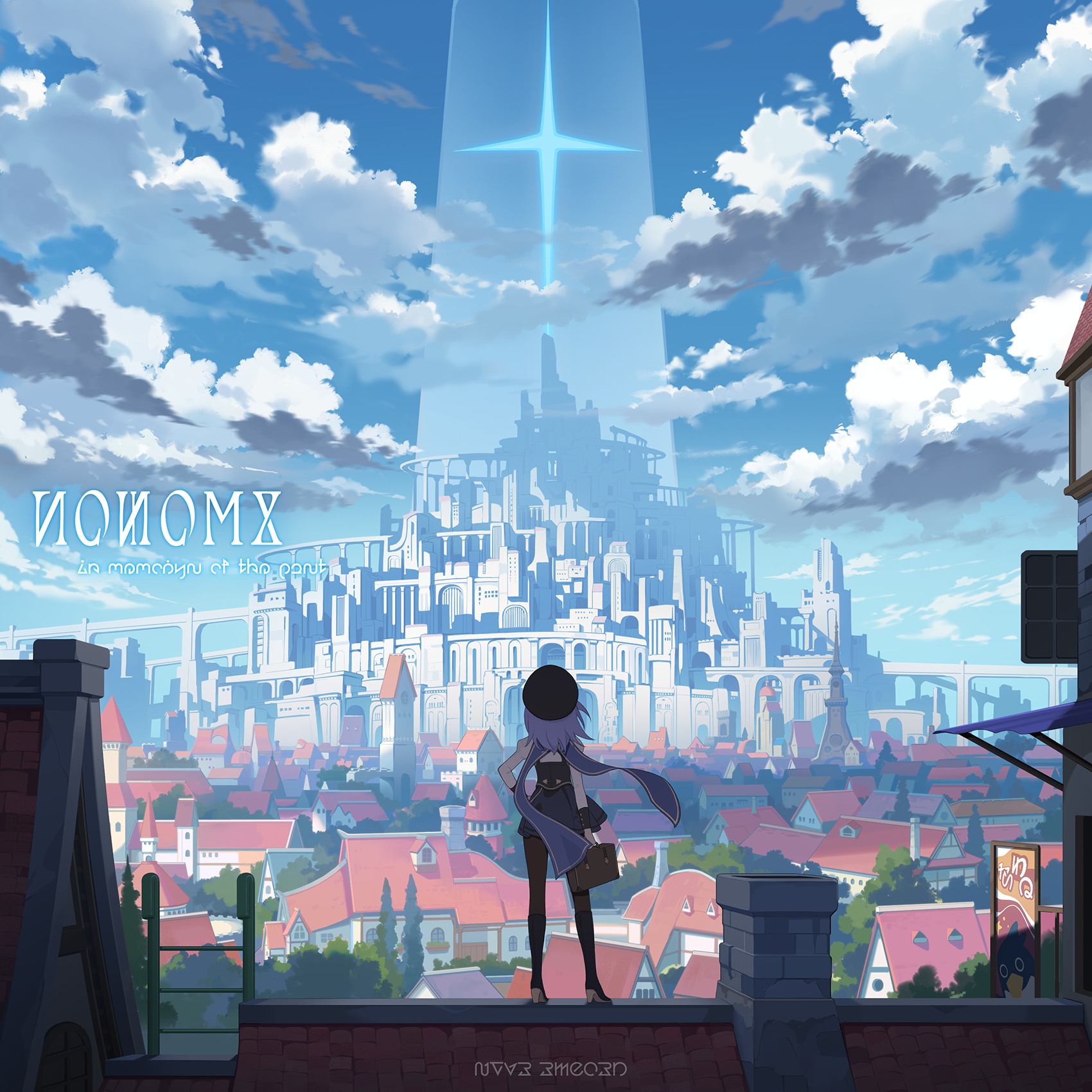 iris (stella sora), stella sora, game cg, highres, non-web source, official art, 1girl, album cover, bag, black boots, black hat, black pantyhose, black vest, boots, cloud, cover, european architecture, facing away, from behind, hat, high heel boots, high heels, holding, holding bag, knee boots, miniskirt, on roof, outdoors, pantyhose, purple hair, sherlock (stella sora), skirt, solo, standing, standing on roof, vest, wide shot