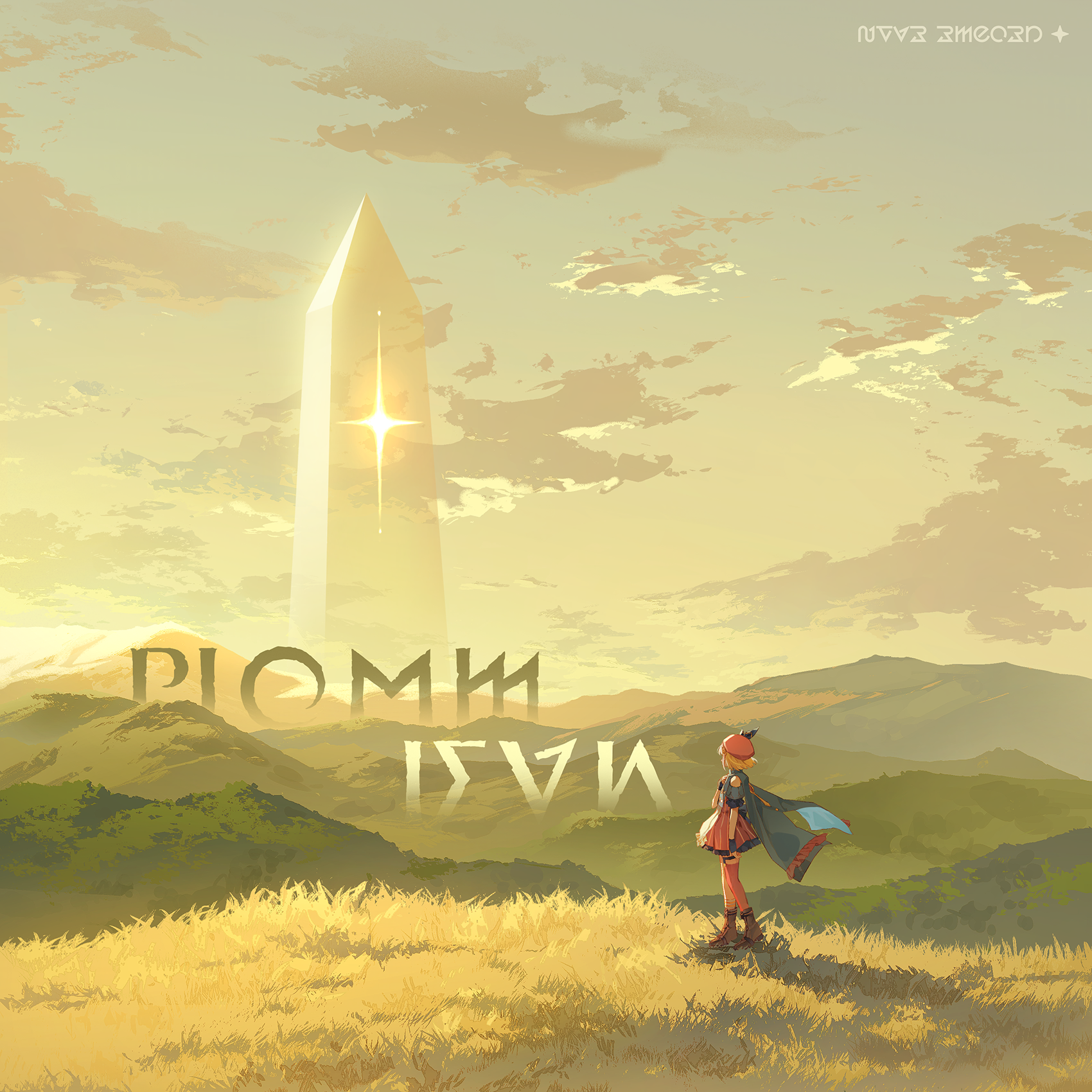 stella sora, game cg, highres, non-web source, official art, 1girl, album cover, beret, blonde hair, bob cut, boots, brown boots, cloud, cover, donna (stella sora), dress, facing away, hat, monolith (object), outdoors, pinstripe dress, pinstripe pattern, plain, red dress, red hat, short hair, solo, standing, wide shot