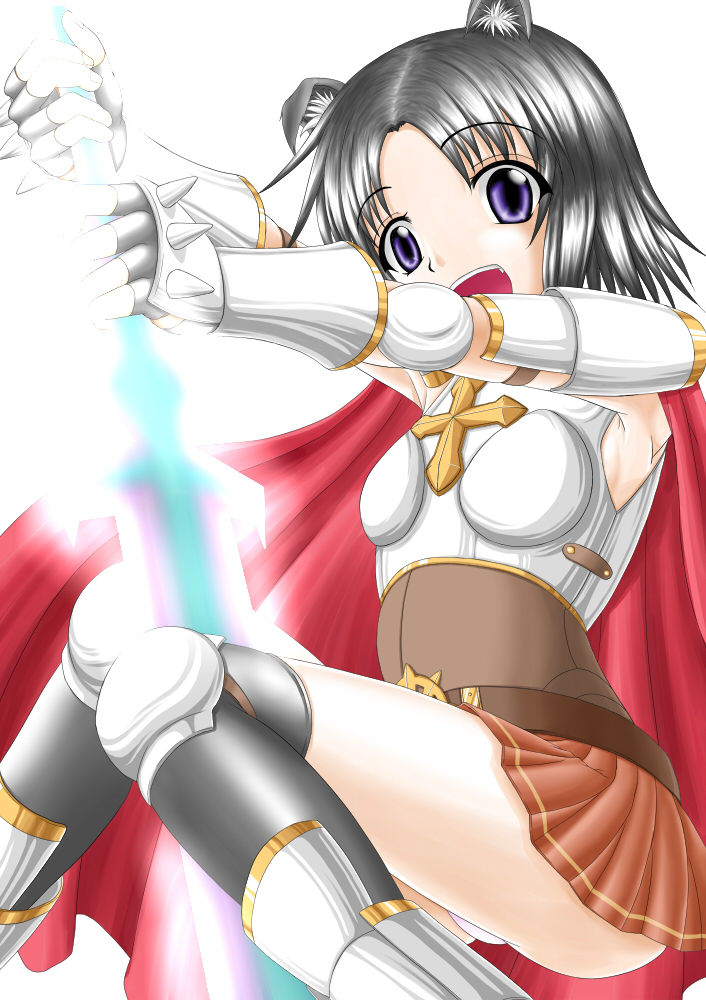 tenrai (temple), lord knight (ragnarok online), ragnarok online, commentary request, 1girl, 2000s (style), :d, animal ears, armor, armpits, black hair, black thighhighs, boobplate, breastplate, brown skirt, cape, cat ears, cross, droopy ears, feet out of frame, glowing, glowing sword, glowing weapon, holding, holding sword, holding weapon, invisible chair, looking at viewer, miniskirt, open mouth, panties, pantyshot, pauldrons, purple eyes, red cape, short hair, shoulder armor, simple background, sitting, skirt, smile, solo, spiked gauntlets, sword, thighhighs, underwear, weapon, white background, white panties