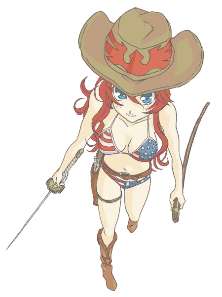den8 magunasu, gemini sunrise, kobayashi sanae, laura bailey, oneechanbara, sakura taisen, sakura taisen v, 1girl, american flag, american flag bikini, american flag print, bikini, blue eyes, boots, cowboy boots, cowboy hat, cowboy western, female focus, flag print, flag print bikini, foreshortening, freckles, from above, full body, gun, handgun, hat, katana, long hair, parody, ponytail, print bikini, red hair, sheath, solo, standing, swimsuit, sword, thigh strap, united states, voice actor connection, weapon
