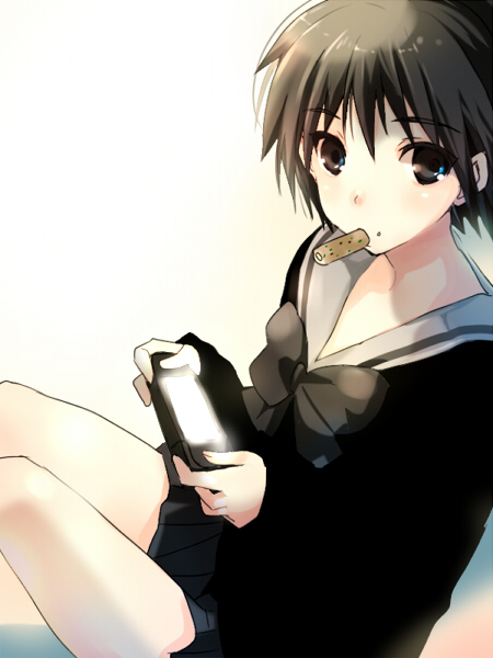 taira tsukune, kikuchi makoto, idolmaster, idolmaster (classic), idolmaster 1, 00s, 1girl, ahoge, black hair, eating, female focus, handheld game console, playing games, playstation portable, school uniform, solo, video game