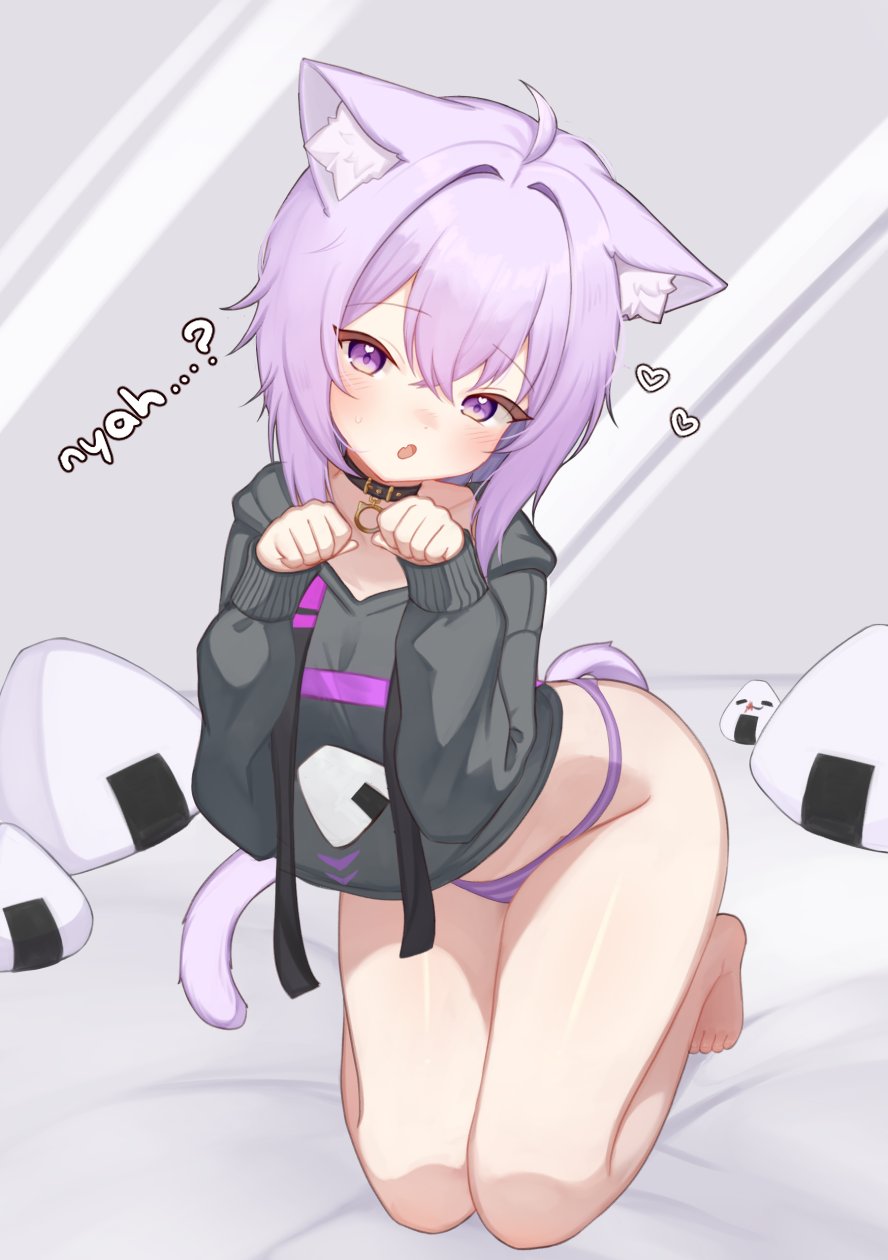 lynnavtt, nekomata okayu, hololive, highres, 1girl, ahoge, animal ear fluff, animal ears, black hoodie, blush, cat ears, cat girl, cat tail, choker, heart, hood, hoodie, kneeling, long sleeves, looking at viewer, open mouth, panties, purple eyes, purple hair, purple panties, solo, striped clothes, striped panties, tail, underwear