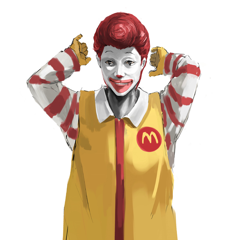 kuroko (piii), ronald mcdonald, mcdonald's, 1boy, alternate hairstyle, clown, male focus, pompadour, quiff, solo