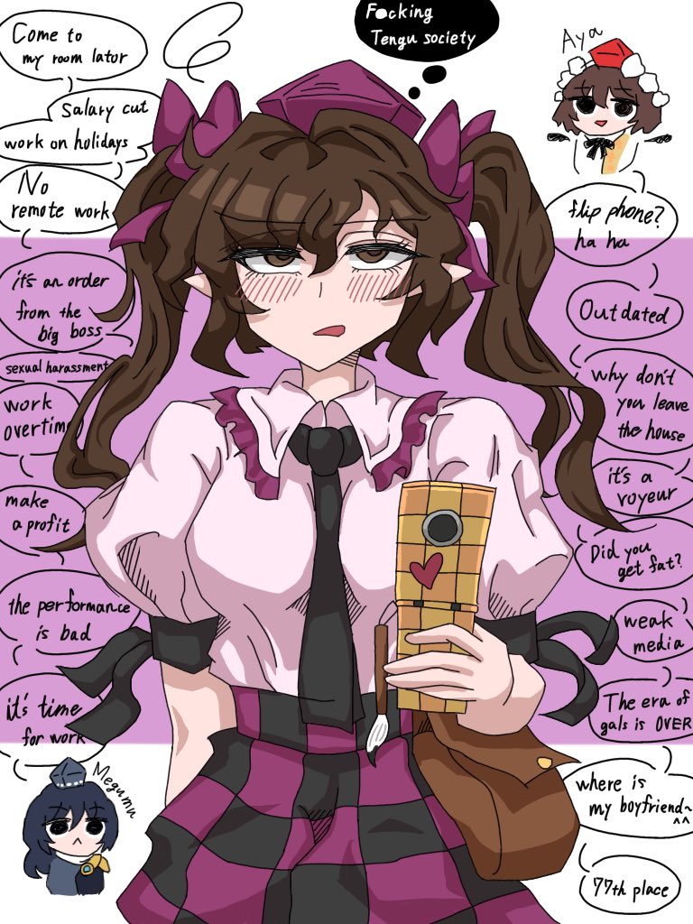barikin tenshi, himekaidou hatate, iizunamaru megumu, shameimaru aya, touhou, 3girls, brown bag, brown hair, camera phone, cellphone, checkered clothes, checkered skirt, cowboy shot, english text, flip phone, hair ribbon, hat, heart, light blush, multiple girls, necktie, phone, purple hat, ribbon, skirt, speech bubble, square-end necktie, thought bubble, tokin hat, twintails