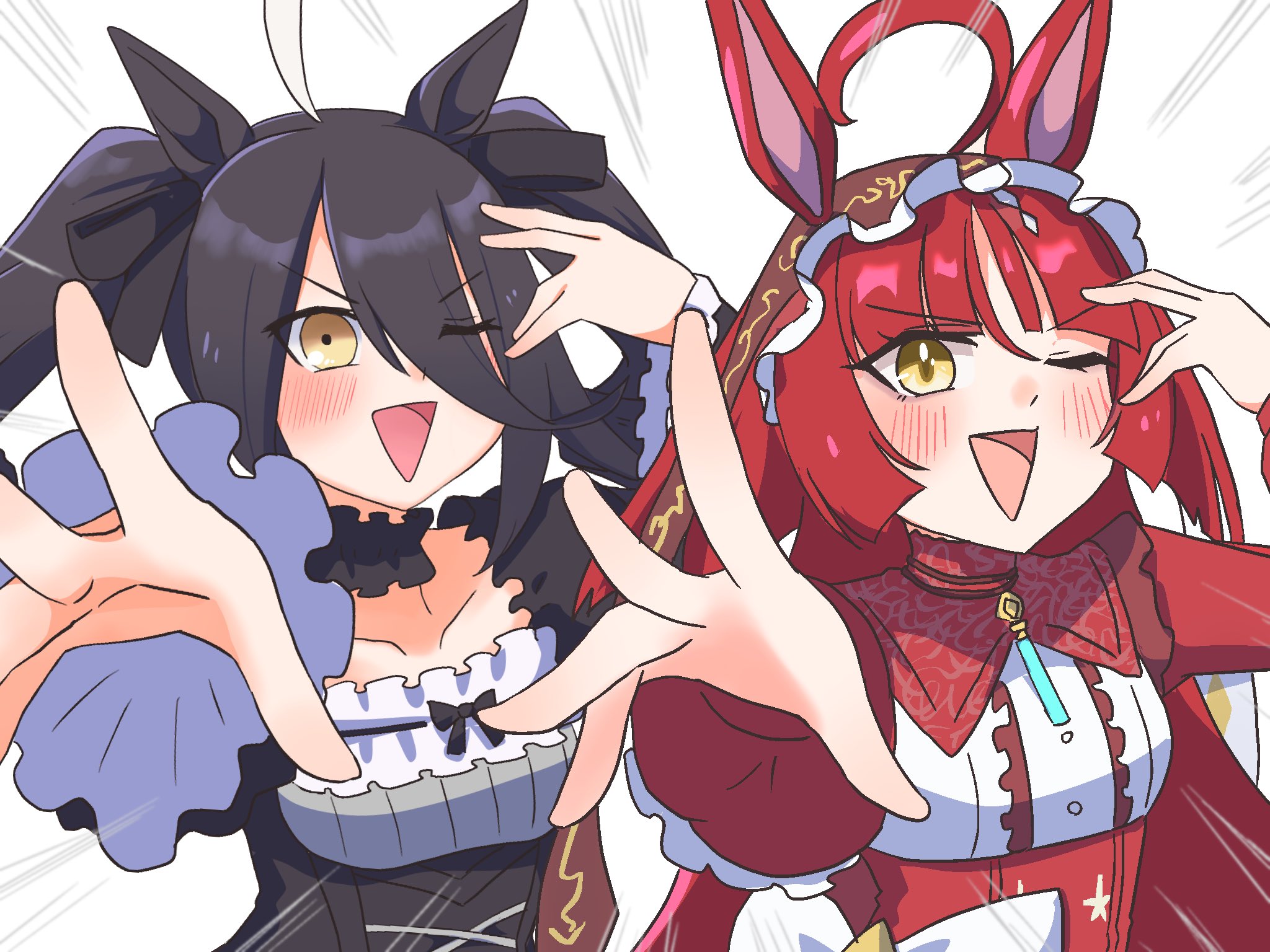 echieichi, kanzaki ranko, manhattan cafe (umamusume), idolmaster, umamusume, commentary, highres, 2girls, ahoge, animal ears, black dress, black hair, black ribbon, blunt bangs, borrowed hairstyle, bow, brown headdress, chuunibyou, collarbone, cosplay, dress, ears through headwear, emphasis lines, frilled headwear, hair over one eye, hair ribbon, horse ears, horse girl, huge ahoge, jewelry, kanzaki ranko (cosplay), long bangs, looking at viewer, multicolored hair, multiple girls, one eye closed, pendant, reaching, reaching towards viewer, red desire (umamusume), red hair, ribbon, swept bangs, triangle mouth, twintails, two-tone hair, upper body, waist bow, white hair, wide sleeves, yellow eyes