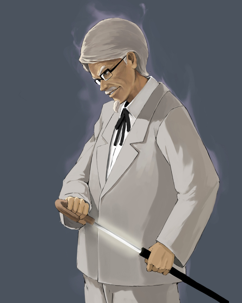 kuroko (piii), colonel sanders, kfc, 1boy, aura, cane, concealed weapon, facial hair, formal clothes, glasses, male focus, mustache, sheath, solo, string tie, sword, sword cane, unsheathing, weapon, white hair